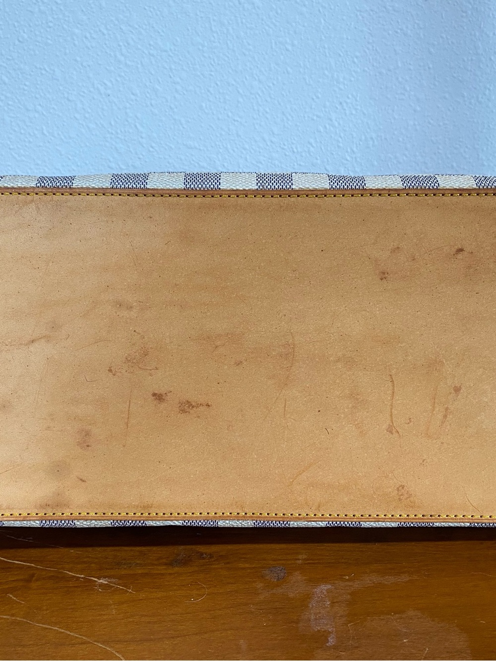 Beige Check Canvas Tote with Tan Leather Straps - Picture 12 of 16